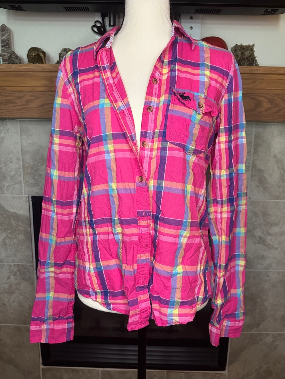 Abercrombie & Fitch Women's Pink & Blue Plaid Button-Up Shirt Size M Y2K Indie